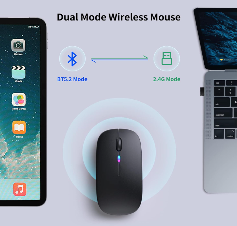 HP Wireless Bluetooth Mouse, Rechargeable LED Dual Mode Mouse (Bluetooth 5.2 and USB Receiver) Portable Silent Mouse,for Laptop/Desktop/Tablet(Black)