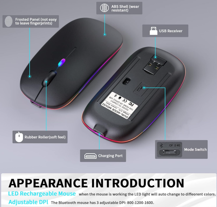 HP Wireless Bluetooth Mouse, Rechargeable LED Dual Mode Mouse (Bluetooth 5.2 and USB Receiver) Portable Silent Mouse,for Laptop/Desktop/Tablet(Black)