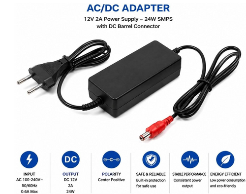 Adapter 12V 2A Power Supply— 24W SMPS with DC Barrel Connector — Black