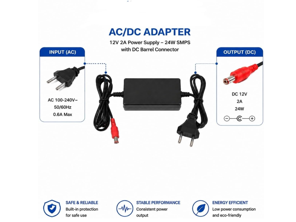 Adapter 12V 2A Power Supply— 24W SMPS with DC Barrel Connector — Black
