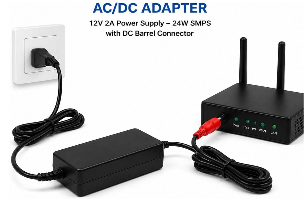Adapter 12V 2A Power Supply— 24W SMPS with DC Barrel Connector — Black